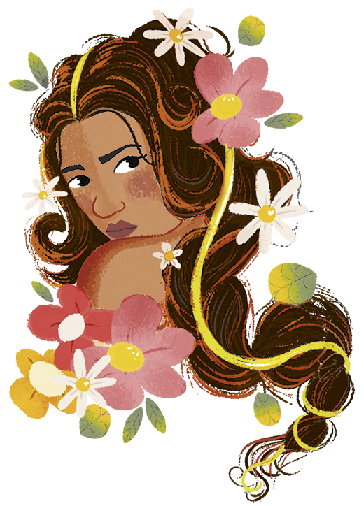 Ilustração estilizada de uma mulher com cabelos longos, castanhos ondulados, decorados com flores coloridas. O cabelo tem detalhes em amarelo, com folhas verdes intercaladas.