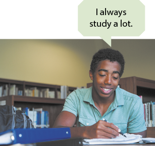 Fotografia de um jovem sorrindo, sentado diante de uma mesa, escrevendo em um caderno. Ao fundo, há prateleiras repletas de livros. E há um balão de fala escrito em inglês: I Always study a lot.