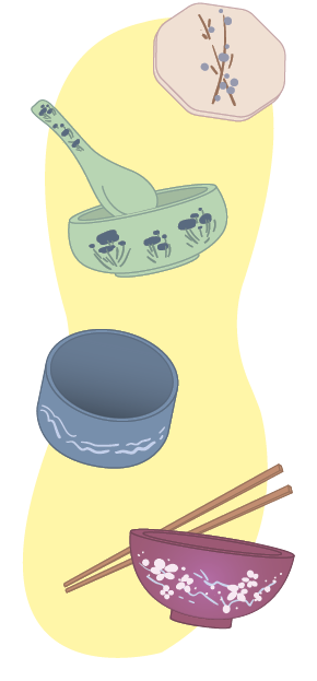 Ilustração de vários utensílios de cozinha. Há uma colher e uma tigela verde com desenhos florais, uma tampa hexagonal decorada, uma pequena tigela azul e, na parte inferior, uma tigela roxa adornada com flores brancas, acompanhada por um par de hashis.