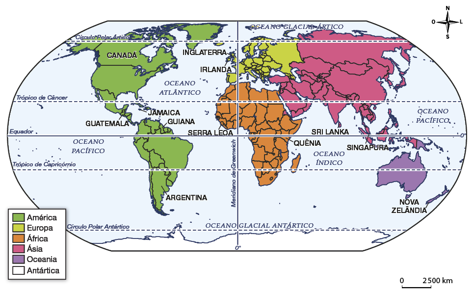Mapa-múndi com todos os continentes destacados e alguns países indicados. No continente americano estão indicados: o Canadá na América do Norte; a Guatemala e Jamaica na América Central; e a Guiana e Argentina na América do Sul. Na Europa estão indicados a Inglaterra e a Irlanda. Na África, está indicado a Serra Leoa e a Quênia. Na Ásia, o Sri Lanka e a Singapura. E na Oceania está indicado a Nova Zelândia.
