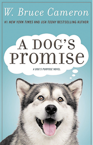 Capa do livro intitulado em inglês: A Dog's Promise, escrito por W. Bruce Cameron. O fundo é azul claro, e a parte superior apresenta o nome do autor, seguido do texto: 1 New York Times and USA Today Bestselling Author. Na parte inferior há uma fotografia do rosto de um cachorro de porte médio, com pelos brancos e cinzentos, orelhas levantadas, olhos castanhos e língua para fora. Dele sai um balão de pensamento, com o título do livro.
