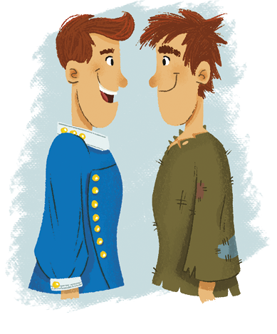 Ilustração de dois jovens, um de frente para o outro. O jovem à esquerda está sorrindo, tem cabelo castanho e usa um uniforme azul com botões dourados. E o jovem à direita, tem cabelo castanho bagunçados e usa roupa verde com remendos.