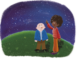 Ilustração de um homem e uma mulher em um gramado sob um céu estrelado. O homem é calvo, usa casaco azul, calça marrom e sapatos pretos. Ao lado dele está a mulher, que tem cabelos cacheados, usa uma blusa listrada vermelha, calça laranja e sapatos roxos. Ela aponta para o céu enquanto ambos olham para cima.
