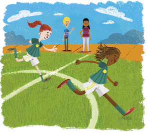 Ilustração de duas meninas correndo em um campo gramado. Uma delas tem cabelos vermelhos, que estão presos em um rabo de cavalo e não tem o braço direito. A outra menina está com os cabelos soltos, que são escuros. As duas usam uniformes iguais composto por camiseta verde listradas com um detalhe amarelo, short branco e meião branco. Ao fundo há duas pessoas assistindo.