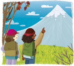 Ilustração de duas pessoas vistas de costas ao ar livre, em um campo gramado olhando para uma grande montanha nevada ao fundo. Uma das pessoas, que tem cabelo cacheado e usa um gorro vermelho e uma mochila verde, está apontando para a montanha. Ao lado está a outra pessoa, que usa um gorro rosa e uma mochila marrom. Há algumas árvores com folhas vermelhas no canto superior esquerdo e um céu azul com algumas nuvens ao fundo.