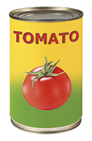 Fotografia de uma lata cilíndrica com o desenho de um tomate e escrito em inglês: Tomato.