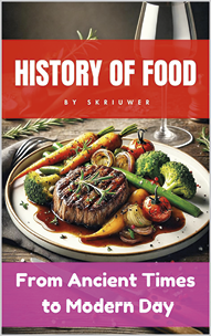 Capa de um livro intitulado em inglês: History of Food, com o subtítulo: From Ancient Times to Modern Day. Ela é colorida e no centro, há uma fotografia de um prato com carne grelhada e vegetais como brócolis, cenouras e tomates.