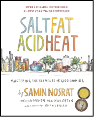 Capa do livro intitulado em inglês: Salt, Fat, Acid, Heat, com o subtítulo: Mastering the Elements of Good Cooking. O título é exibido com as palavras em cores diferentes, e abaixo há uma ilustração de uma bancada de cozinha com vários utensílios e ingredientes culinários, como azeites, vegetais e condimentos. O nome da autora, Samin Nosrat, está em destaque, na parte inferior.