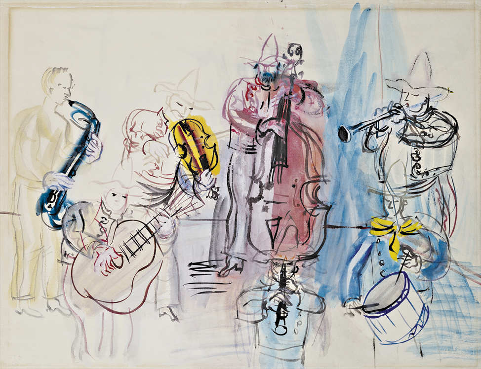 Pintura retratando um grupo musical a partir de traços esboçados, combinados com pinceladas de cores como azul, amarelo e vermelho. Os músicos tocam diferentes instrumentos, como: saxofone, violão, violino, contrabaixo, trompete, clarinete e tambor. Alguns deles usam chapéus.