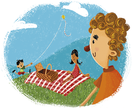 Ilustração em um campo gramado. Em primeiro plano, no lado direito, há um jovem com cabelos cacheados e loiros, usando uma camiseta laranja. No centro, uma jovem de cabelos pretos, está sentada sobre uma toalha vermelha e branca ao lado de uma cesta. À esquerda, um menino brinca, correndo e empinando uma pipa amarela