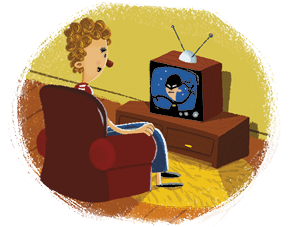 Ilustração de um menino de cabelos cacheados e loiros sentado em uma poltrona, de frente para uma televisão posicionada sobre um aparador com gavetas. A tela da TV exibe a imagem de uma pessoa mascarada e fantasiada.