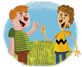 Ilustração de dois meninos sorrindo, com uma das mãos levantadas um de frente para o outro. Ao fundo, há um gramado verde e um céu azul claro.
