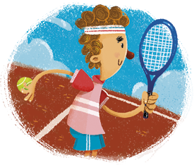 Ilustração de um menino jogando tênis em uma quadra ao ar livre. Ele segura uma raquete azul com uma mão e uma bola de tênis na outra.