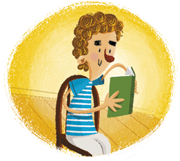 Ilustração de um menino lendo um livro sentado em uma cadeira.