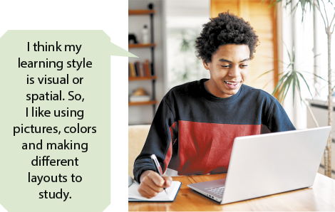 Fotografia de um jovem de cabelos cacheados, sorrindo sentado diante de uma mesa com um laptop e escrevendo em um caderno. Há um balão de fala escrito em inglês: I think my learning style is visual or spatial. So, I like using pictures, colors and making different layouts to study.