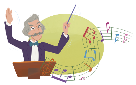 Ilustração de um homem com cabelos grisalhos e bigode, usando terno com gravata borboleta. Ele está segurando uma batuta diante de um pedestal de madeira. E ao redor notas musicais coloridas flutuam no ar.