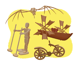 Ilustração de várias invenções feitas de madeira. Há uma réplica de uma máquina voadora com asas abertas; uma embarcação com grandes pás giratórias; um manequim articulado de madeira de pé sobre uma estrutura com esquis; e há uma bicicleta de madeira com rodas grandes.