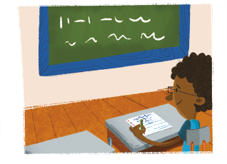 Ilustração de um jovem sentado em uma carteira escolar, escrevendo em um caderno. Ele tem cabelo cacheado, usa óculos, e à frente dele há uma lousa com escritas.