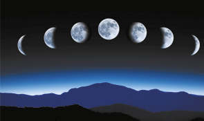 Ilustração com a representação das sete fases da Lua alinhadas horizontalmente sobre um céu noturno. A sequência começa com a Lua iluminada do lado esquerdo, em formato de letra C, e vai seguindo, ficando cada vez mais iluminada, até chegar na lua cheia ao centro, onde está totalmente iluminada em formato circular. Nas fases seguintes, a iluminação vai diminuindo à esquerda da lua, até chegar na última fase, a qual a lua tem somente a parte direita iluminada, com o formato de uma letra C invertida.