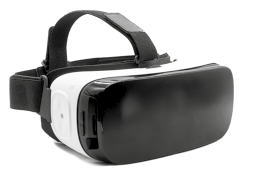 Fotografia de um óculos de realidade virtual. Ele tem formato retângulas com a parte frontal preta.