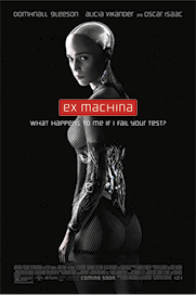 Cartaz do filme intitulado Ex Machina. Ele tem um fundo predominantemente escuro e apresenta uma figura feminina robótica, com uma aparência futurista, destacando partes do corpo que combinam elementos humanos e mecânicos. Ela está de perfil, olhando para trás, enquanto sua estrutura metálica e tecnológica é visível, especialmente nas costas e no crânio.