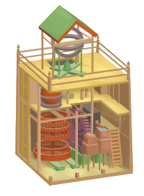 Ilustração de uma estrutura de três andares evidenciando o mecanismo de um relógio de água antigo. A construção é retangular e cada andar abriga componentes distintos que trabalham em conjunto. No andar superior, um mecanismo circular, semelhante a um sistema de eixo e engrenagens. No andar intermediário, há uma estrutura esférica e no andar inferior há várias engrenagens interligadas e alguns tanques.