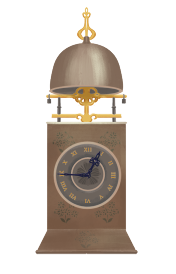 Ilustração de um relógio de lanterna. Ele tem uma base retangular e um com um círculo na parte frontal, onde há números romanos e dois ponteiros indicando a hora. Na parte superior há uma cúpula metálica sustentada por hastes, como um sino.