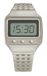 Ilustração de um relógio de pulso digital. Ele tem o visor com formato retangular e está marcando 15 horas e 30 minutos.