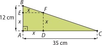 Imagem de um triângulo retângulo A B C com um quadrado A F D E de lados x em seu interior, de forma que os vértices D, E e F pertencem aos lados A C, A B e B C, respectivamente. O quadrado determina um triângulo retângulo semelhante E B F, cuja base mede x e a altura 12 menos x. No triângulo A B C, a base mede 35 centímetros e a altura 12 centímetros.