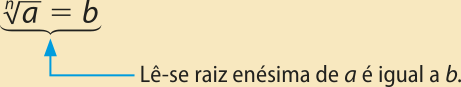 Imagem de uma expressão composta por uma raiz de índice n e radicando a, que é igual a b. Lê-se raiz enésima de a é igual a b.