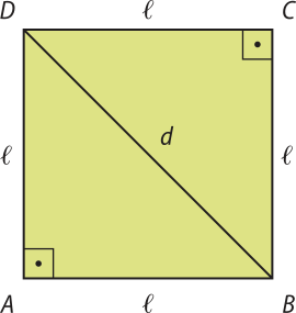 Imagem de um quadrado A B C D de lados l e diagonal d minúsculo. A diagonal determina os triângulos retângulos A B D e B C D, cujos catetos medem l e a hipotenusa mede d minúsculo.