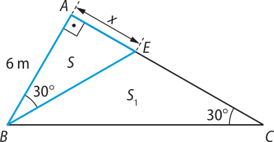 Imagem de um triângulo retângulo A B C, com um segmento B E que o divide em um triângulo retângulo A B E igual a S, e B C E igual a Síndice 1. No triângulo A B E, o ângulo A B C mede 30 graus; o cateto oposto a esse ângulo mede x, e o cateto adjacente 6 metros. O ângulo no vértice C mede 30 graus.