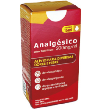 Fotografia de uma caixa de analgésico, cuja dosagem é de 200 miligramas por mililitro.