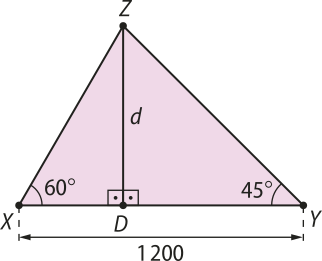 Imagem de um triângulo X Y Z, cuja base X Y mede 1.200, e a altura Z D maiúsculo mede d minúsculo. A altura determina dois triângulos retângulos, X D Z e Y D Z. No triângulo X D Z, o ângulo no vértice X mede 60 graus; o cateto oposto a esse ângulo mede d minúsculo, e o cateto adjacente é X D. No triângulo Y D Z, o ângulo no vértice Y mede 45 graus; o cateto oposto a esse ângulo mede d minúsculo, e o cateto adjacente é D Y.
