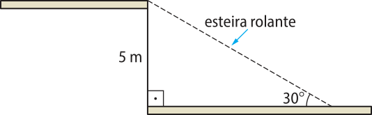 Esquema. Temos um triângulo retângulo com ângulos de 90 graus e 30 graus nos vértices inferiores. O cateto oposto ao ângulo de 30 graus mede 5 metros e representa o desnível entre dois andares. A hipotenusa representa a esteira rolante.