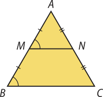 Imagem de um triângulo A B C com um segmento M N paralelo ao lado A B, determinando um triângulo semelhante A M N. Os ângulos B e M, e os lados A M e M B; A N e N C, são congruentes entre os pares.