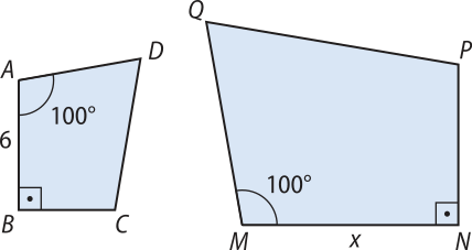 Imagem dos quadriláteros semelhantes A B C D e M N P Q. São correspondentes os ângulos: Â e M iguais a 100 graus; B e N iguais a 90 graus. São correspondentes os lados: A B igual a 6 e M N igual a x.