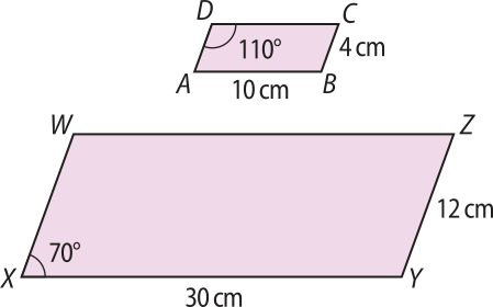 Imagem dos paralelogramos A B C D e X Y Z W. São correspondentes os lados: A B igual a 10 centímetros e X Y igual a 30 centímetros; B C igual a 4 centímetros e Y Z igual a 12 centímetros. No paralelogramo A B C D, o ângulo maior, em D, mede 110 graus. No paralelogramo X Y Z W, o ângulo menor, em X, mede 70 graus.