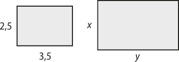 Imagem de dois retângulos. O primeiro tem comprimento 3,5 e largura 2,5, e o segundo tem comprimento y e largura x.