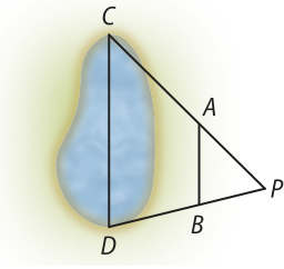 Esquema. Temos um triângulo C P D com um segmento A B paralelo ao lado C D, determinando um triângulo semelhante A P B. O lado C D corresponde ao comprimento de uma lagoa.