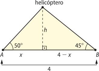 Esquema. Temos um triângulo de base A B igual a 4, com um helicóptero posicionado no vértice superior e altura h. A altura determina dois triângulos retângulos. No primeiro, o ângulo no vértice A mede 50 graus; o cateto oposto a esse ângulo mede h, e o cateto adjacente mede x. No segundo, o ângulo no vértice B mede 45 graus; o cateto oposto a esse ângulo mede h, e o cateto adjacente mede 4 menos x.