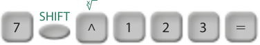 7; shift; elevado a (shift aciona raiz de índice x); 1; 2; 3; igual