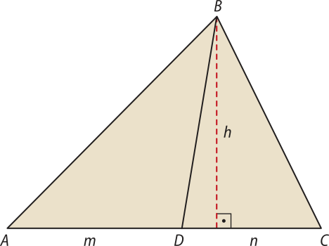 Imagem de um triângulo A B C com uma altura h e uma ceviana B D, que divide o lado A C em segmentos A D igual a m e D C igual a n, determinando os triângulos A B D e B D C.