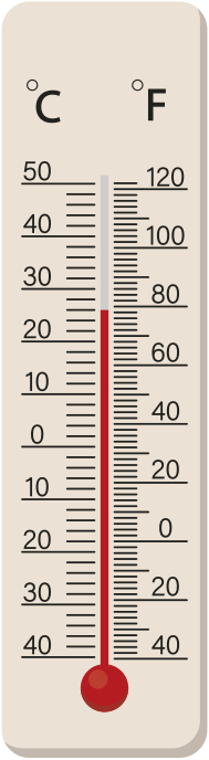 Imagem de um termômetro analógico graduado em graus Celsius e graus Fahrenheit. Ele marca 26 graus Celsius e aproximadamente 78 graus Fahrenheit.