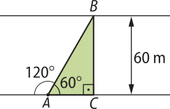 Esquema. Temos duas retas horizontais paralelas, separadas verticalmente por uma distância de 60 metros. Entre elas há um triângulo retângulo A B C, cujo lado A C está localizado sobre a reta inferior, e o vértice B sobre a reta superior. O ângulo interno no vértice A mede 60 graus, e o ângulo externo mede 120 graus; o ângulo no vértice C mede 90 graus.