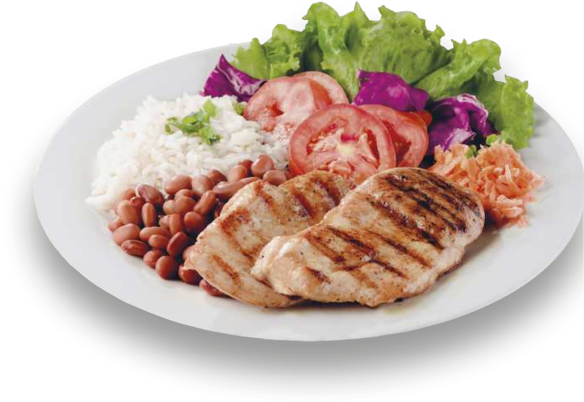 Fotografia de um prato com arroz, feijão, frango e salada de alface, tomate e cenoura.