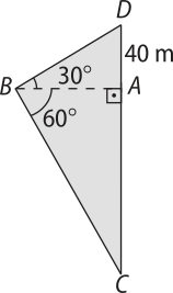 Imagem de um triângulo B C D com uma altura A B, que determina os triângulos retângulos B A D e B A C. No triângulo B A D, o ângulo A B D mede 30 graus; o cateto oposto a esse ângulo mede 40 metros e o cateto adjacente é A B. No triângulo B A C, o ângulo A B C mede 60 graus; o cateto oposto a esse ângulo é A C e o cateto adjacente é A B.