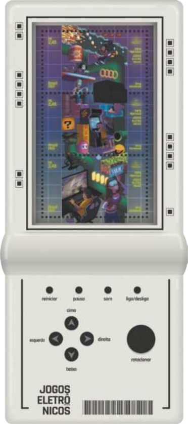 Imagem de um console portátil do tipo brick game, exibindo na tela selos com a temática de jogos eletrônicos. Eles fazem alusão a alguns ícones como Mario, Sonic e Pac-Man.