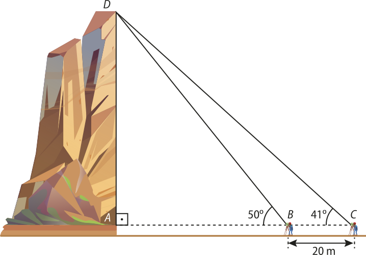 Esquema. À esquerda temos a ilustração de um barranco de altura A D, e à direita um teodolito apoiado em um tripé, posicionado nos pontos B e C, a uma distância de 20 metros um do outro. Esses pontos determinam dois triângulos retângulos: A B D, com ângulo de 50 graus no vértice B; A C D, com ângulo de 41 graus no vértice C.