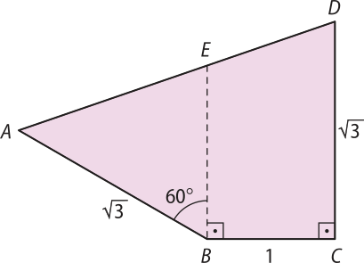 Imagem de um quadrilátero irregular A B C D, com um segmento E B que o divide em um triângulo A B E e em um trapézio retângulo B C D E. No triângulo, o ângulo A B E mede 60 graus e o lado A B mede raiz quadrada de 3. No trapézio, a base maior C D mede raiz quadrada de 3 e o lado reto B C mede 1.